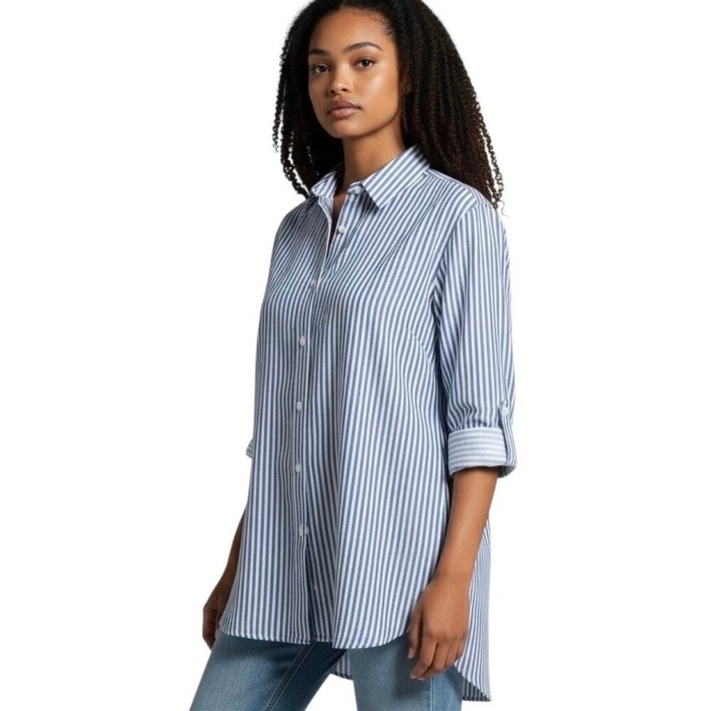 Zac & Rachel Button Up Shirt S Blue & White Striped  Long Sleeve Asymmetric Hem